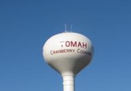 Image of a water tower with "Tomah" printed on it.