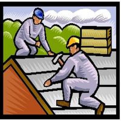 drawing of two people working on a roof