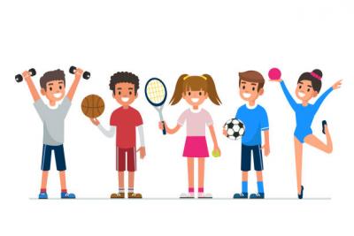 Cartoon of kids with weights,basketball, tennis, soccer ball and gymnastics