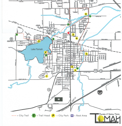 Map of the City of Tomah, marking the walking trails and parks. 
